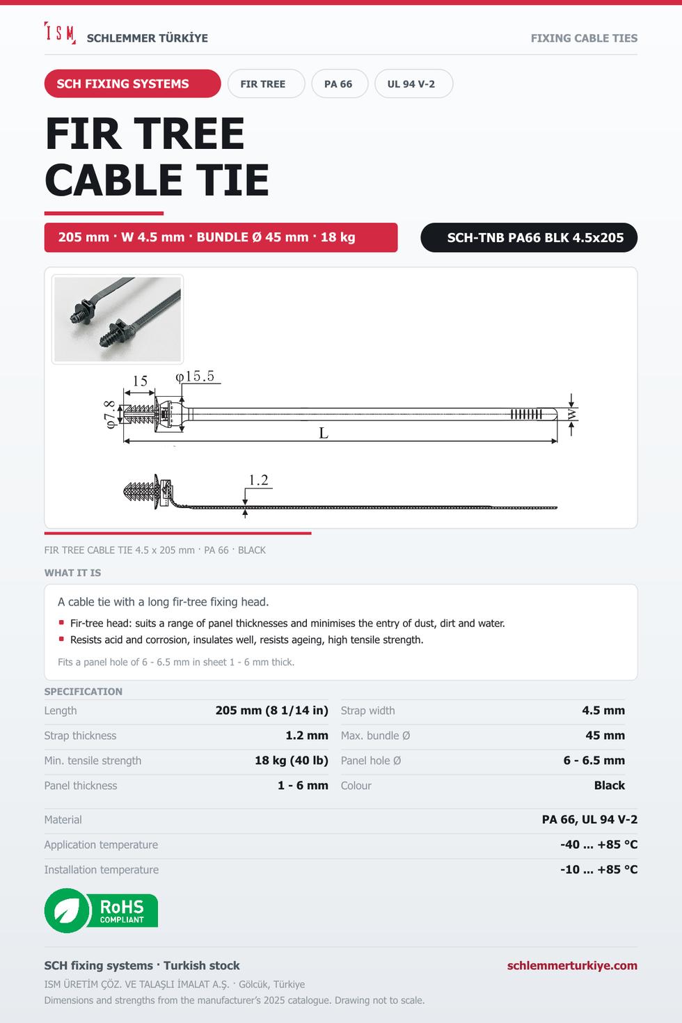 FIR TREE CABLE TIE 4.5x205 BLACK POLYAMIDE 6.6