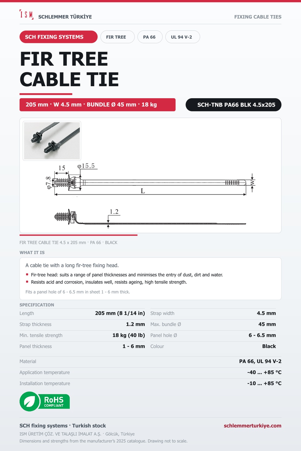 FIR TREE CABLE TIE 4.5x205 BLACK POLYAMIDE 6.6