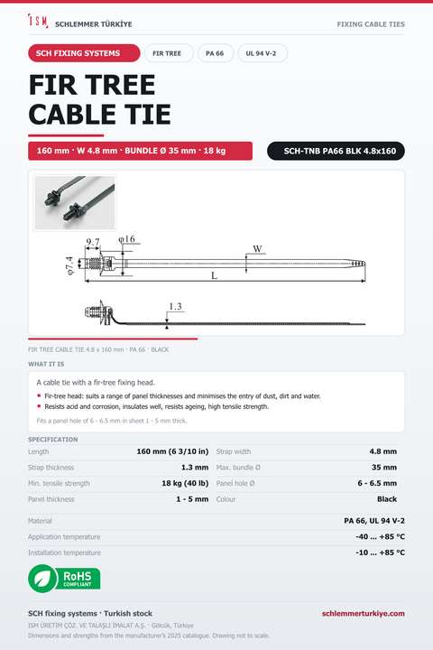 FIR TREE CABLE TIE 4.8x160 BLACK POLYAMIDE 6.6