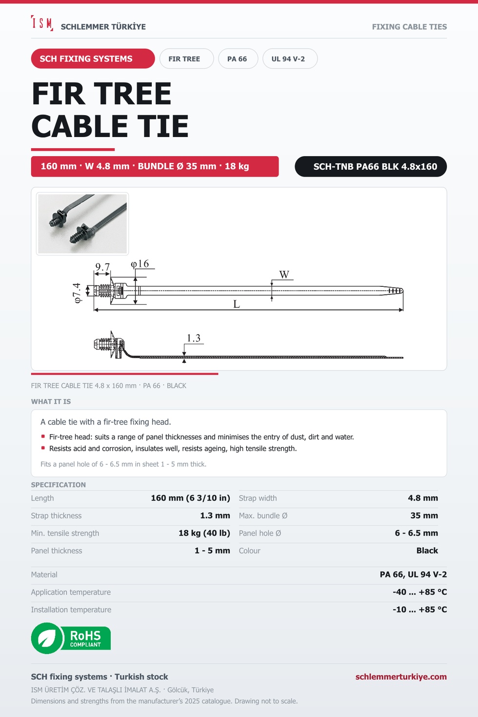 FIR TREE CABLE TIE 4.8x160 BLACK POLYAMIDE 6.6