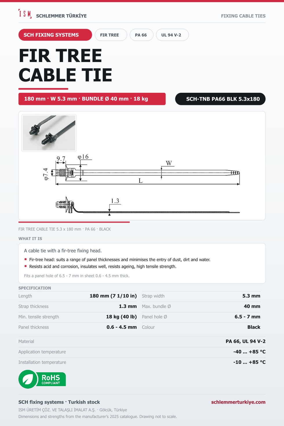 FIR TREE CABLE TIE 5.3x180 BLACK POLYAMIDE 6.6