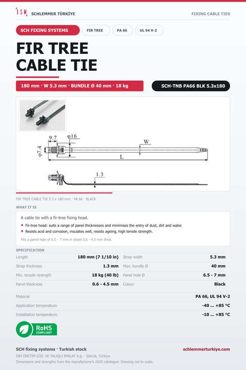 FIR TREE CABLE TIE 5.3x180 BLACK POLYAMIDE 6.6