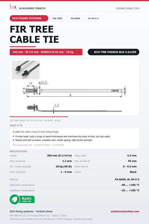 FIR TREE CABLE TIE 4.5x205 BLACK POLYAMIDE 6.6 HEAT STABILISED