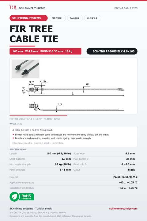FIR TREE CABLE TIE 4.8x160 BLACK POLYAMIDE 6.6 HEAT STABILISED