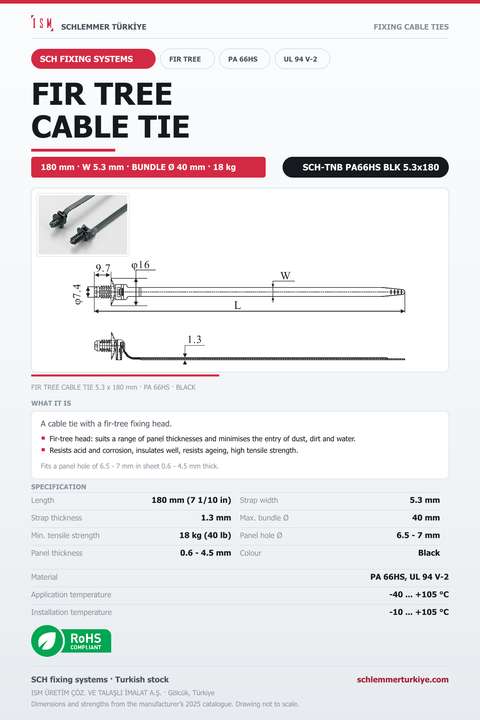 FIR TREE CABLE TIE 5.3x180 BLACK POLYAMIDE 6.6 HEAT STABILISED