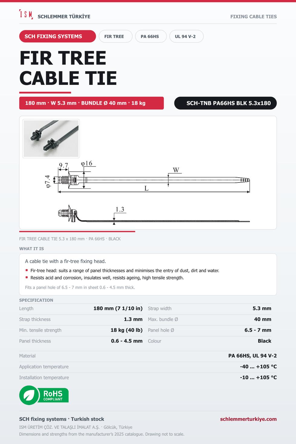 FIR TREE CABLE TIE 5.3x180 BLACK POLYAMIDE 6.6 HEAT STABILISED