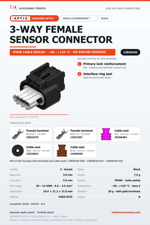 GENUINE APEX 2.8 SENSOMATE 3-WAY FEMALE CONNECTOR HOUSING · BLACK