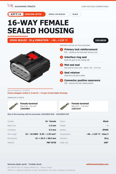 GENUINE APEX 150 SEALED 16-WAY FEMALE CONNECTOR HOUSING · BLACK