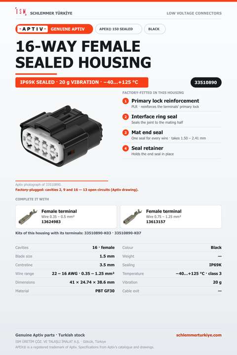 GENUINE APEX 150 SEALED 16-WAY FEMALE CONNECTOR HOUSING · BLACK