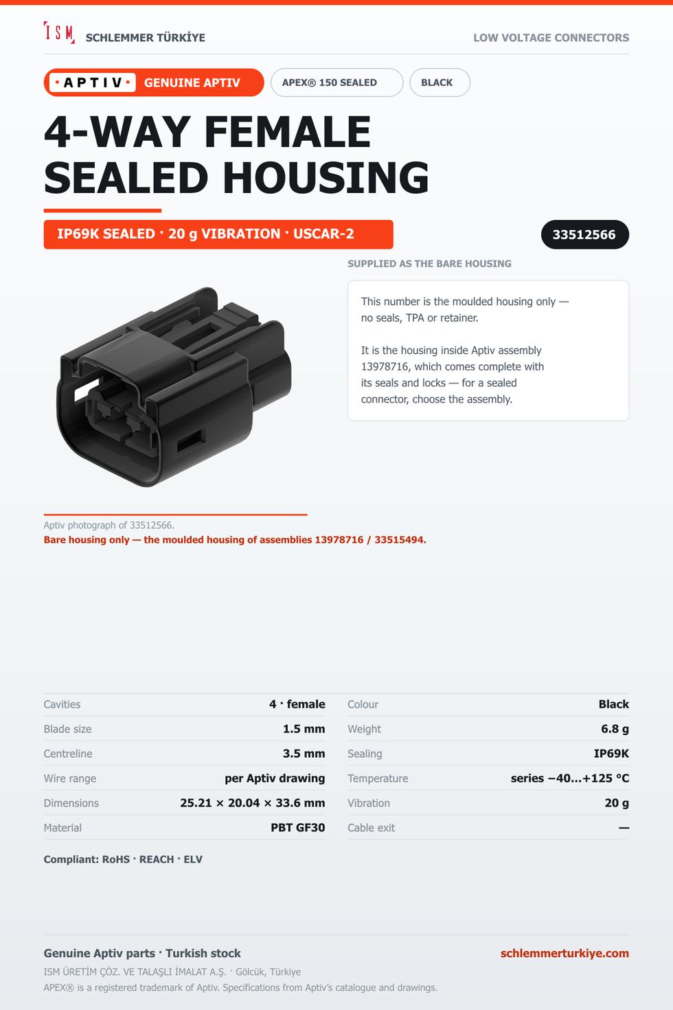 GENUINE APEX 150 SEALED 4-WAY FEMALE CONNECTOR HOUSING · BLACK