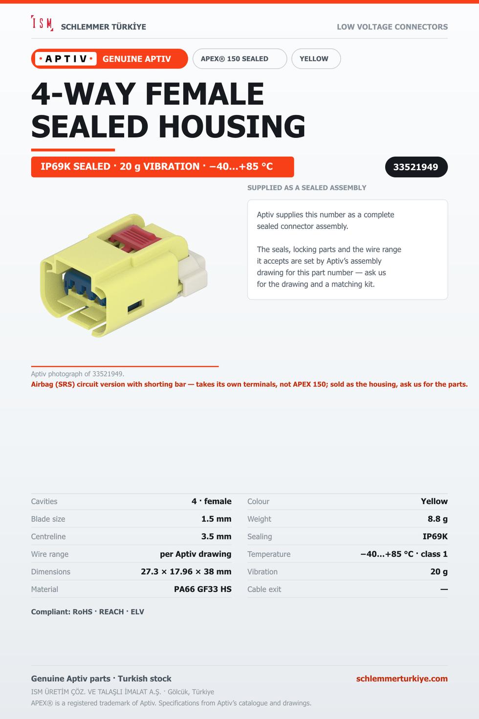 GENUINE APEX 150 SEALED 4-WAY FEMALE CONNECTOR HOUSING · YELLOW