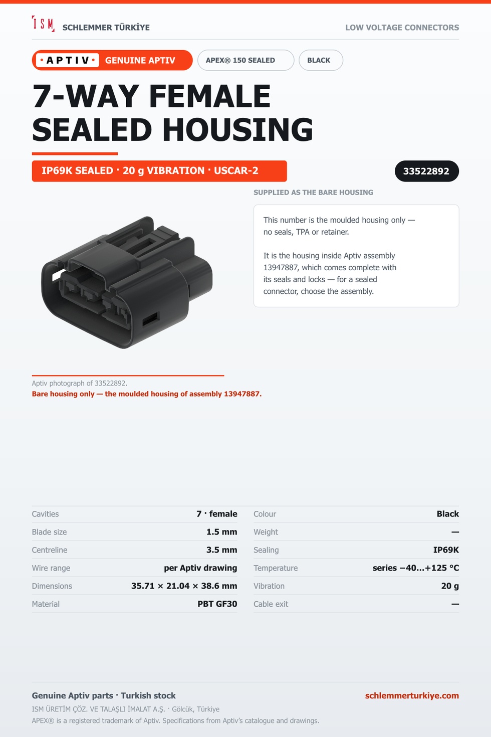 GENUINE APEX 150 SEALED 7-WAY FEMALE CONNECTOR HOUSING · BLACK