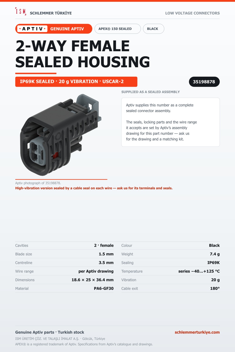 GENUINE APEX 150 SEALED 2-WAY FEMALE CONNECTOR HOUSING · BLACK