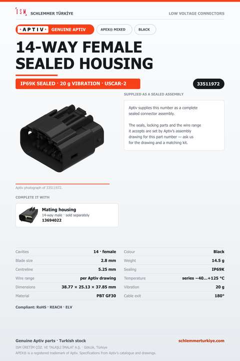 GENUINE APEX MIXED 14-WAY FEMALE CONNECTOR HOUSING · BLACK