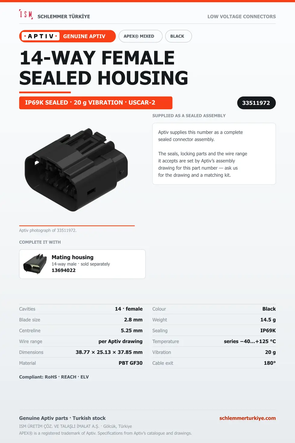 GENUINE APEX MIXED 14-WAY FEMALE CONNECTOR HOUSING · BLACK