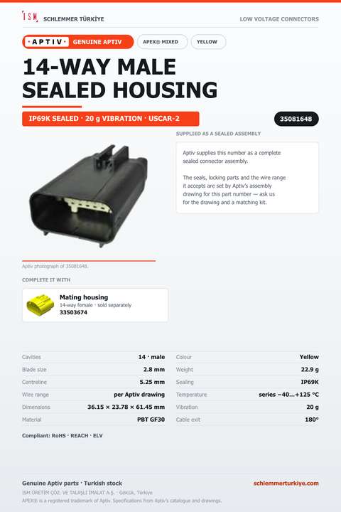GENUINE APEX MIXED 14-WAY MALE CONNECTOR HOUSING · YELLOW