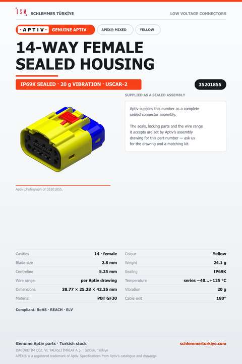 GENUINE APEX MIXED 14-WAY FEMALE CONNECTOR HOUSING · YELLOW