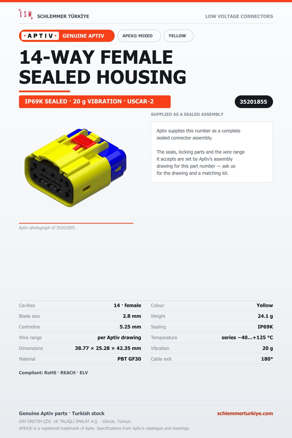 GENUINE APEX MIXED 14-WAY FEMALE CONNECTOR HOUSING · YELLOW