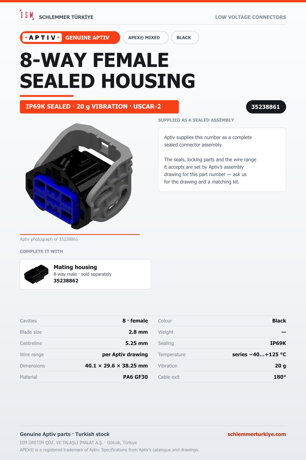 GENUINE APEX MIXED 8-WAY FEMALE CONNECTOR HOUSING · BLACK