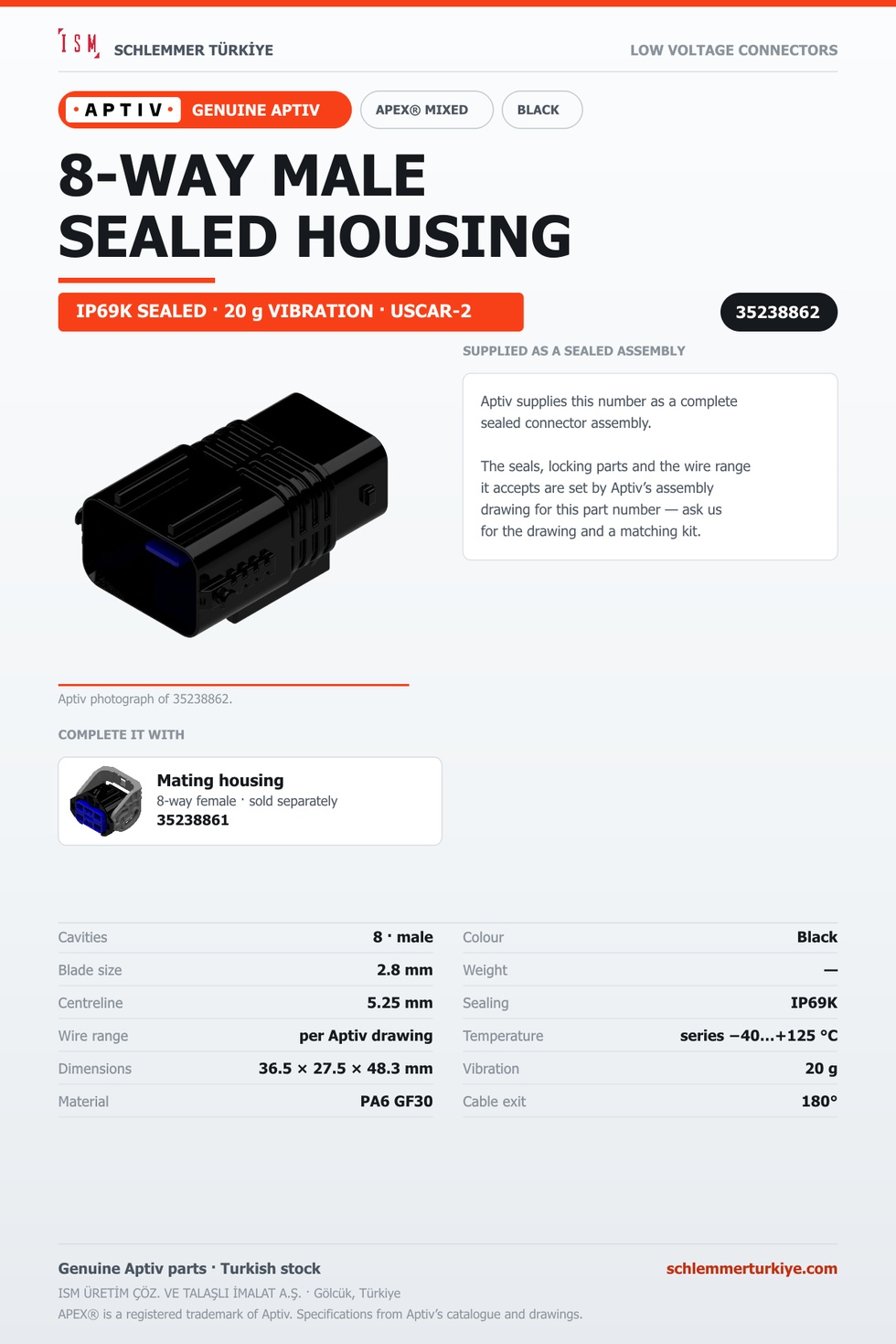 GENUINE APEX MIXED 8-WAY MALE CONNECTOR HOUSING · BLACK