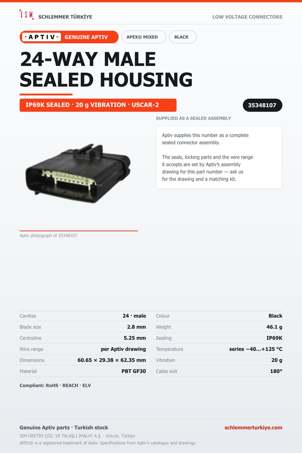 GENUINE APEX MIXED 24-WAY MALE CONNECTOR HOUSING · BLACK