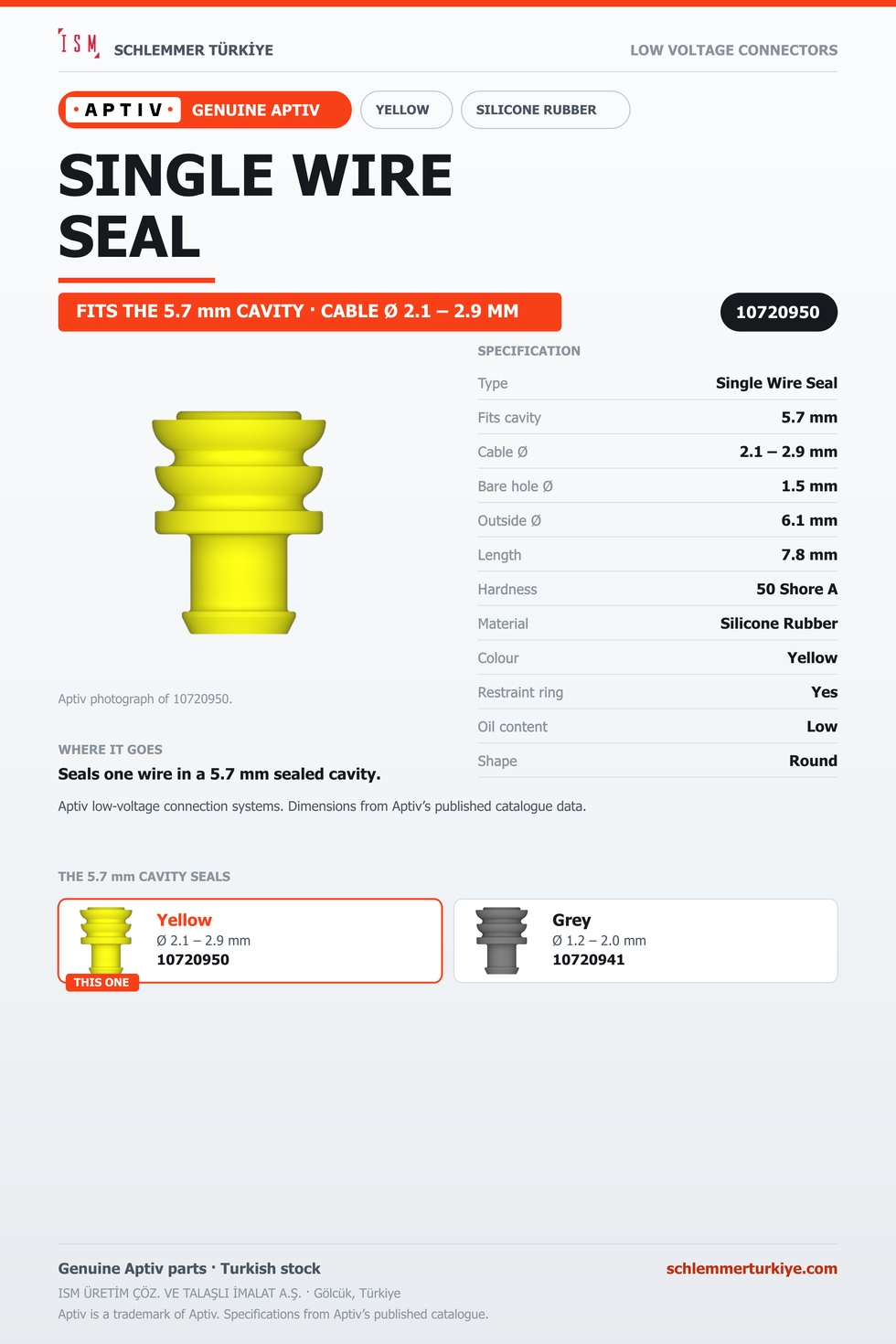 GENUINE SINGLE WIRE SEAL · YELLOW · 5.7 MM CAVITY · Ø 2.1 – 2.9 MM