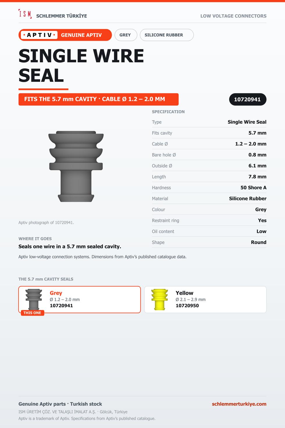 GENUINE SINGLE WIRE SEAL · GREY · 5.7 MM CAVITY · Ø 1.2 – 2.0 MM