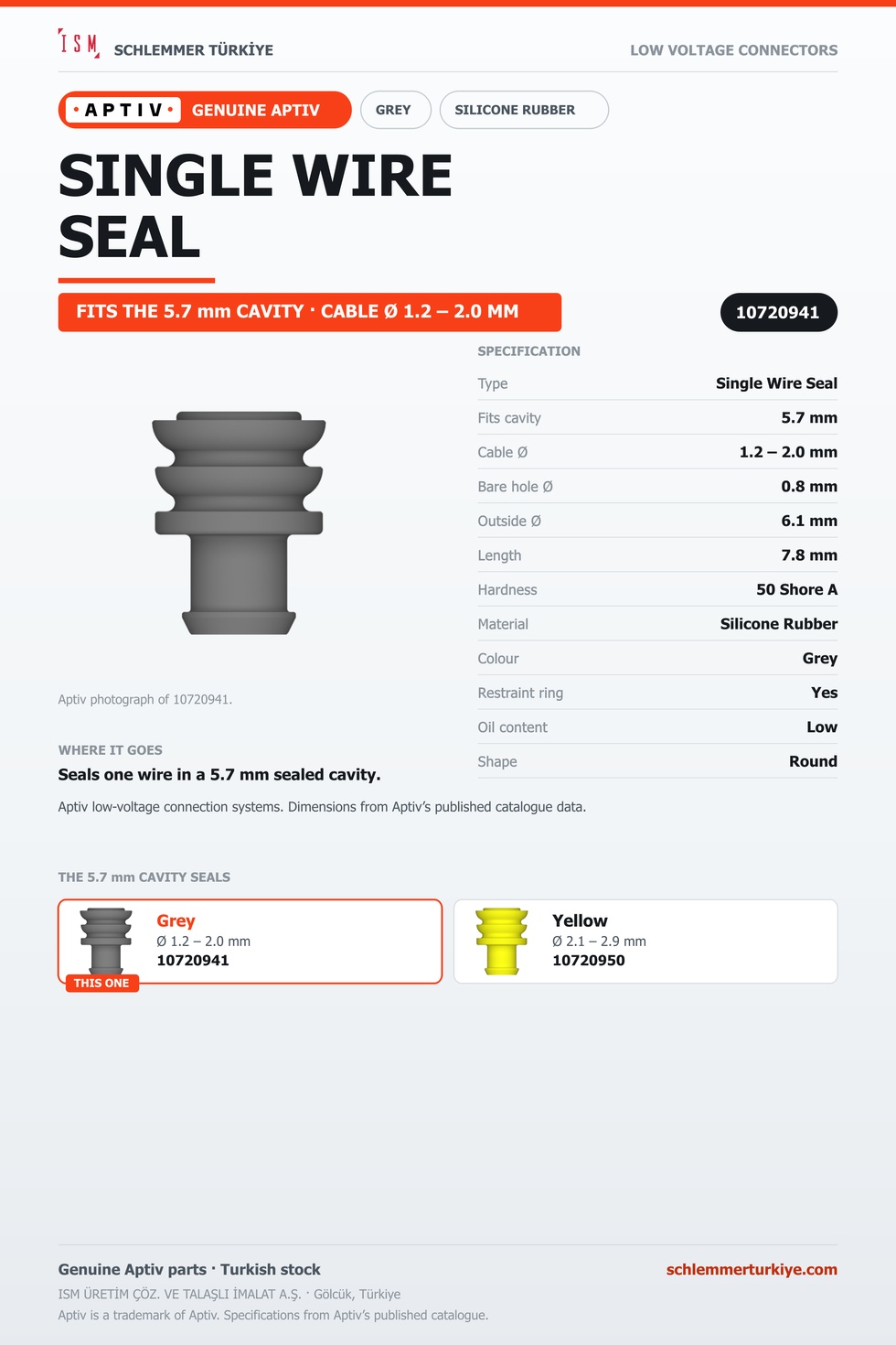 GENUINE SINGLE WIRE SEAL · GREY · 5.7 MM CAVITY · Ø 1.2 – 2.0 MM