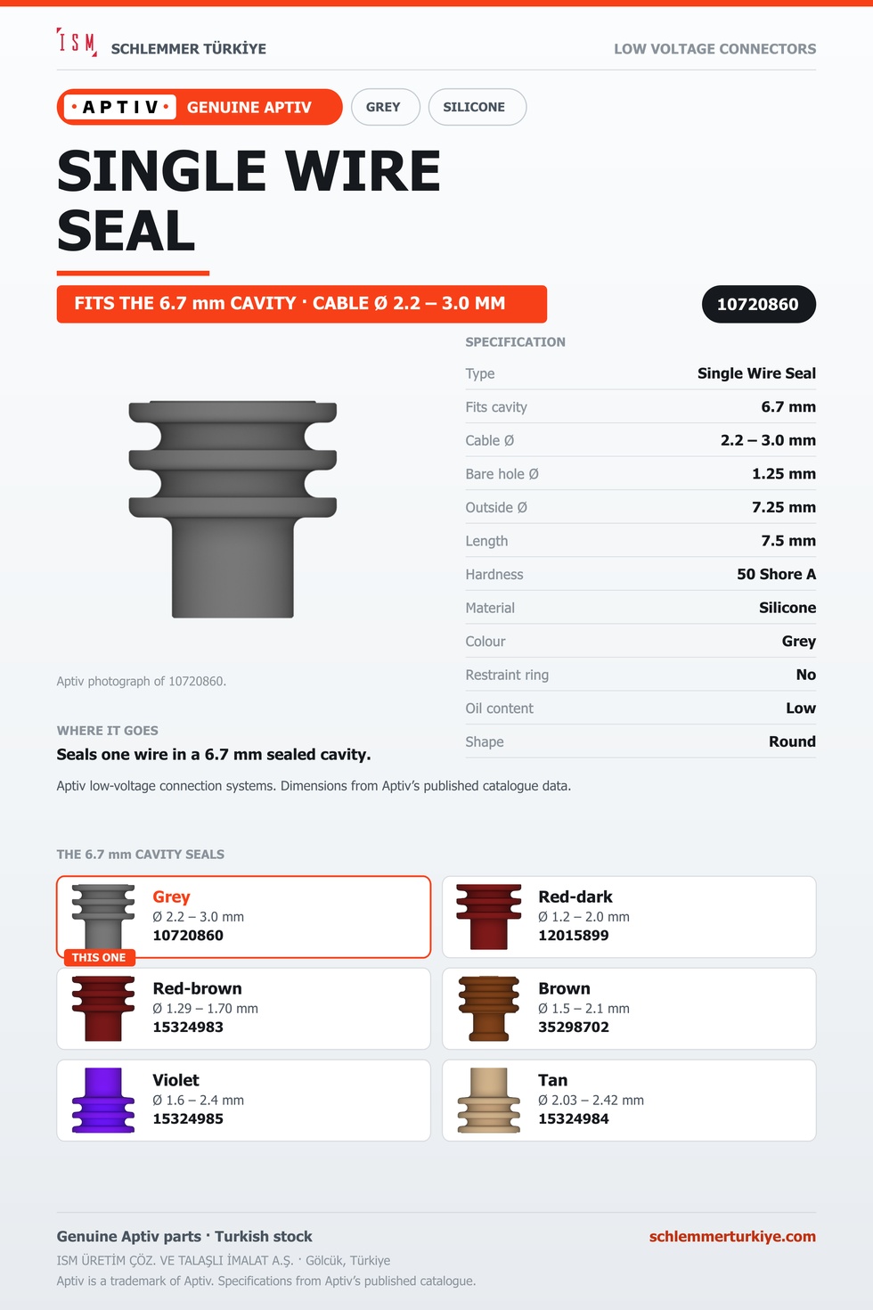 GENUINE SINGLE WIRE SEAL · GREY · 6.7 MM CAVITY · Ø 2.2 – 3.0 MM