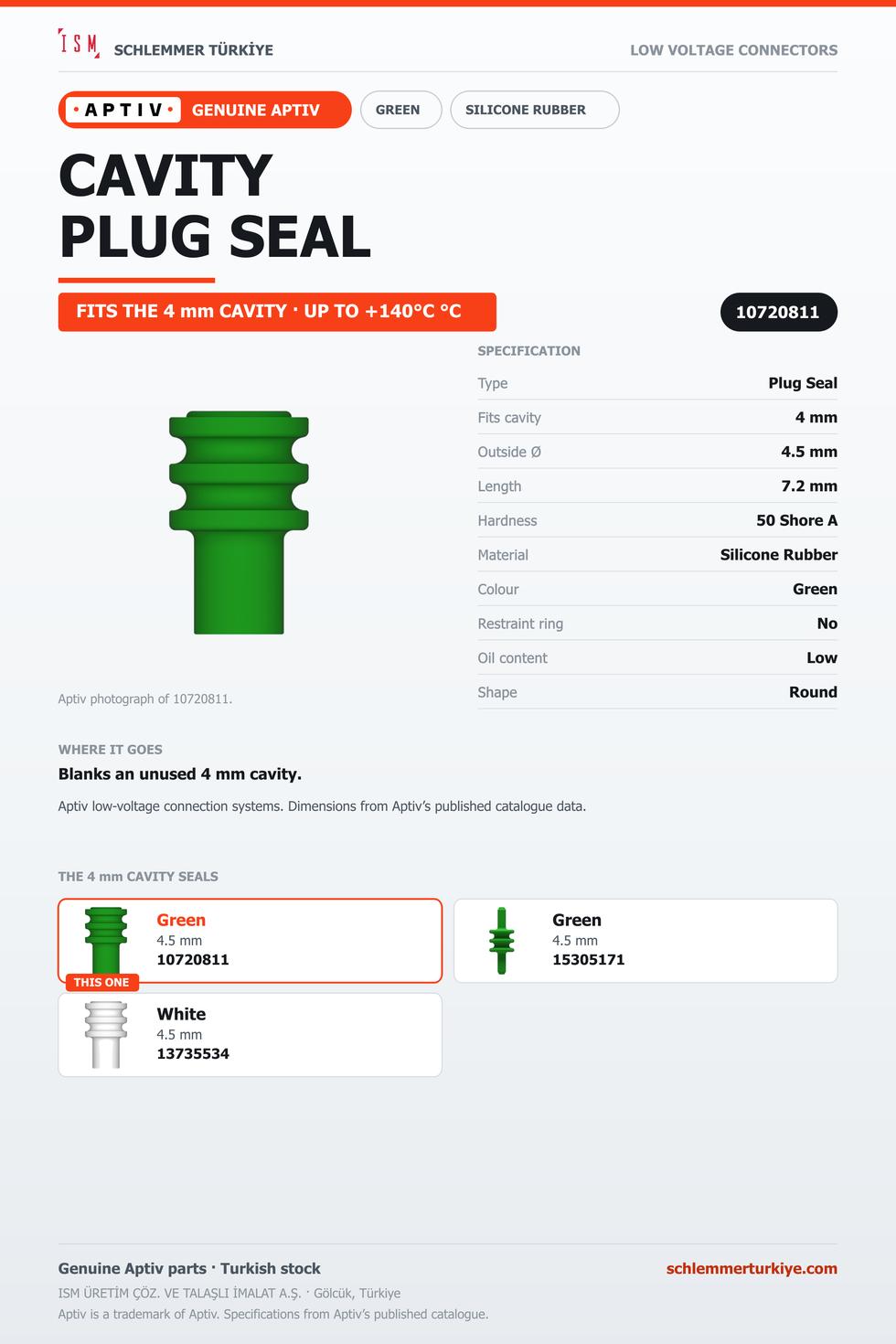 GENUINE PLUG SEAL · GREEN · 4 MM CAVITY · L 7.2 MM