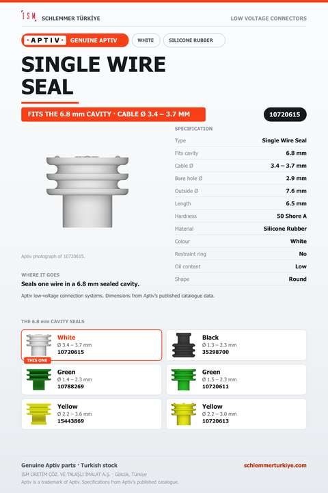 GENUINE SINGLE WIRE SEAL · WHITE · 6.8 MM CAVITY · Ø 3.4 – 3.7 MM