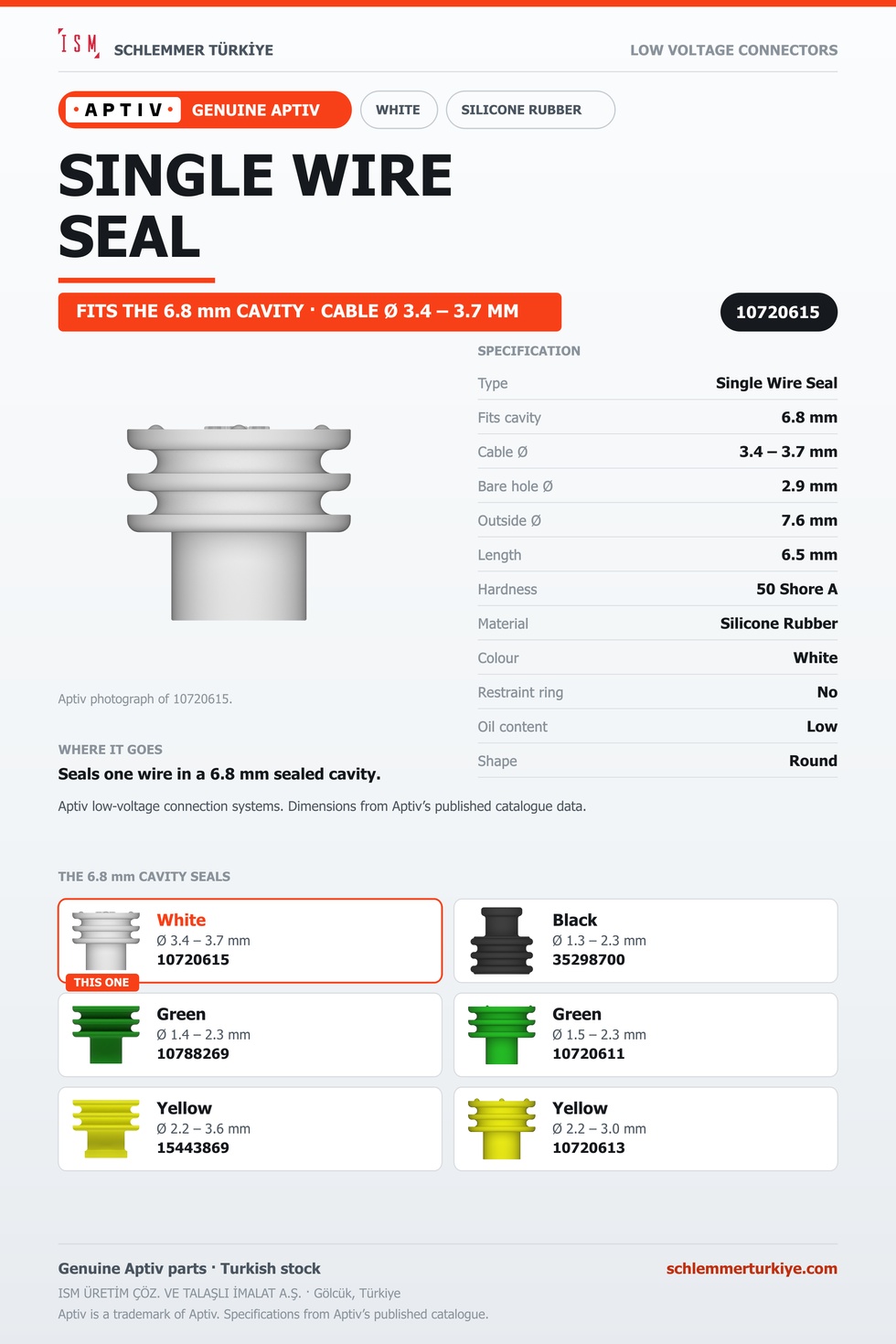 GENUINE SINGLE WIRE SEAL · WHITE · 6.8 MM CAVITY · Ø 3.4 – 3.7 MM