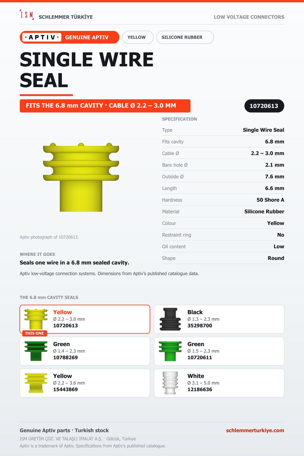 GENUINE SINGLE WIRE SEAL · YELLOW · 6.8 MM CAVITY · Ø 2.2 – 3.0 MM