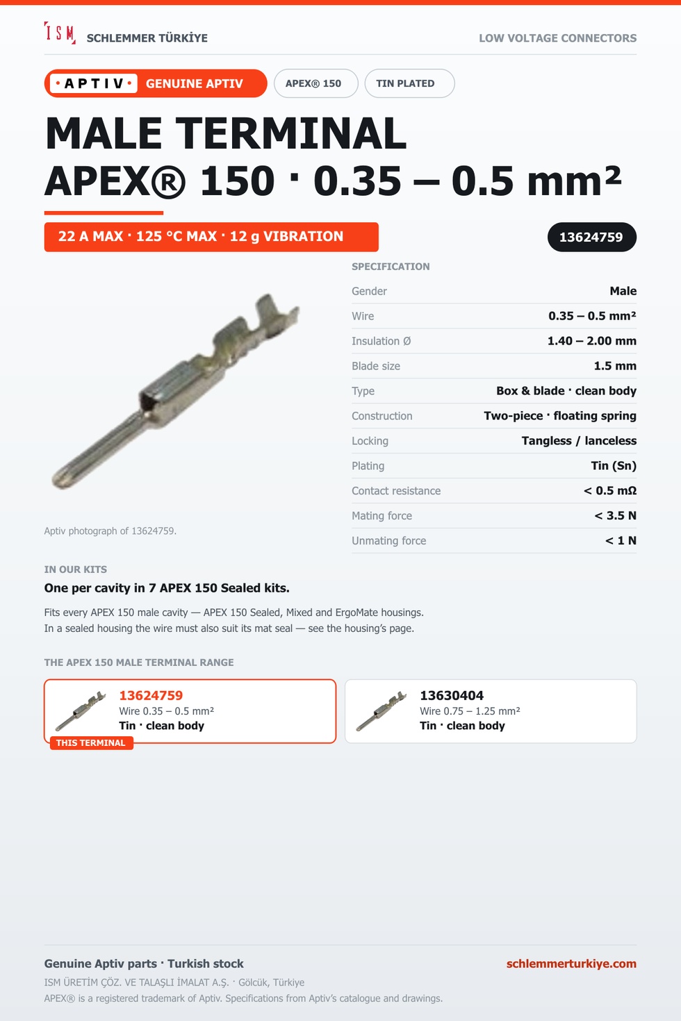 GENUINE APEX 150 MALE TERMINAL · TIN · 0.35 – 0.5 MM²