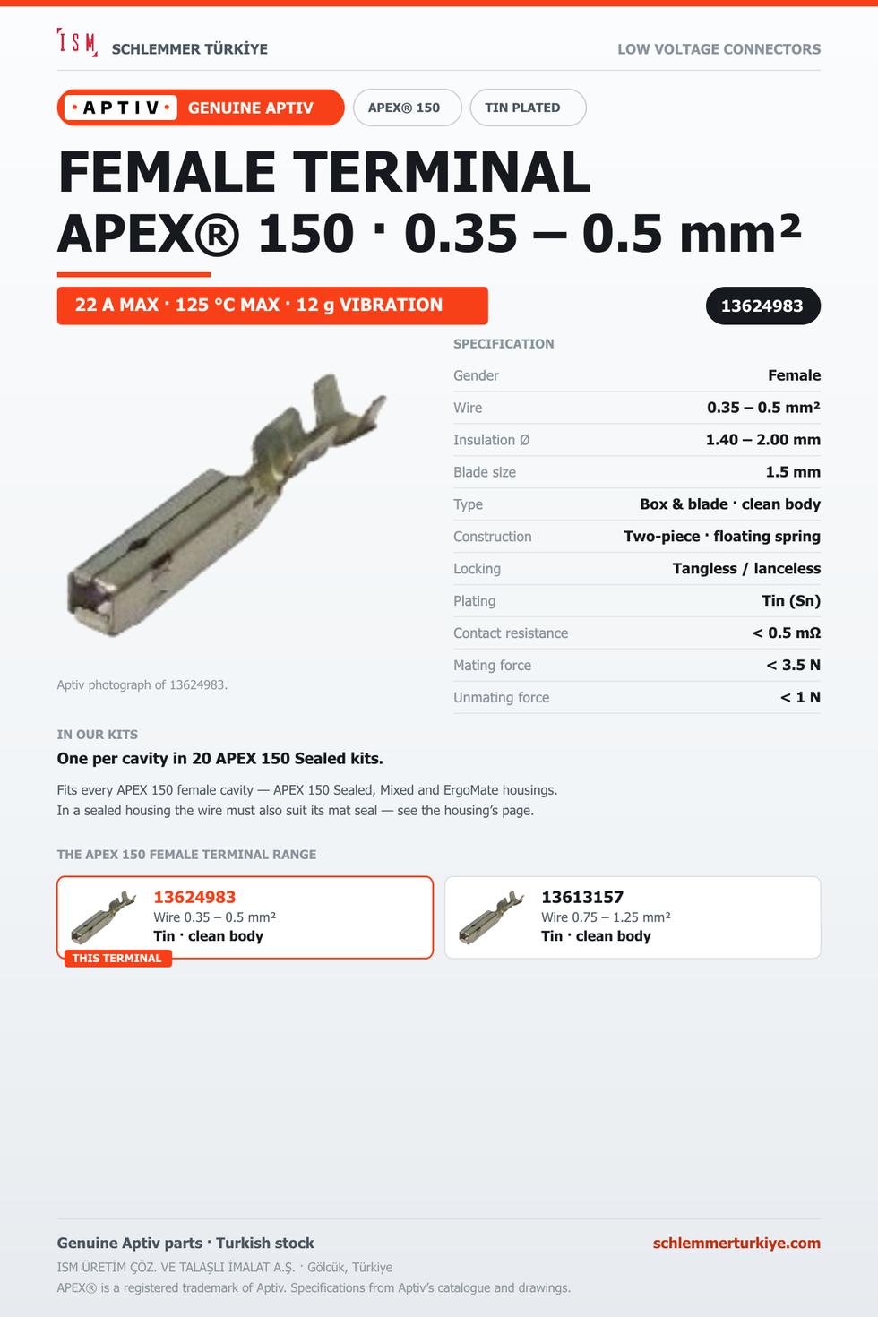 GENUINE APEX 150 FEMALE TERMINAL · TIN · 0.35 – 0.5 MM²