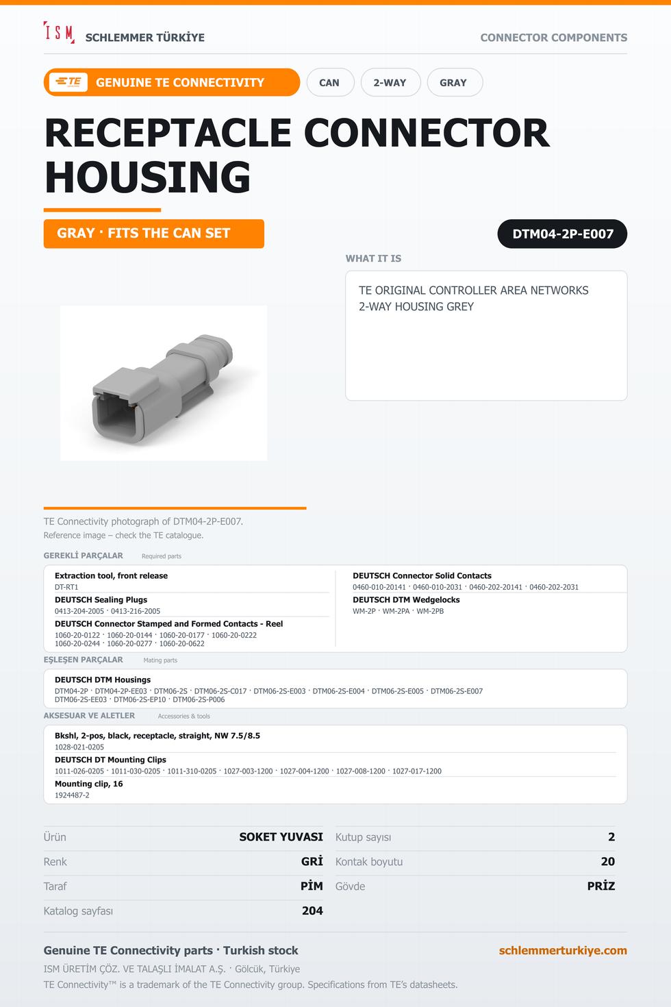 TE ORİJİNAL CONTROLLER AREA NETWORKS 2 KUTUP SOKET YUVASI GRİ