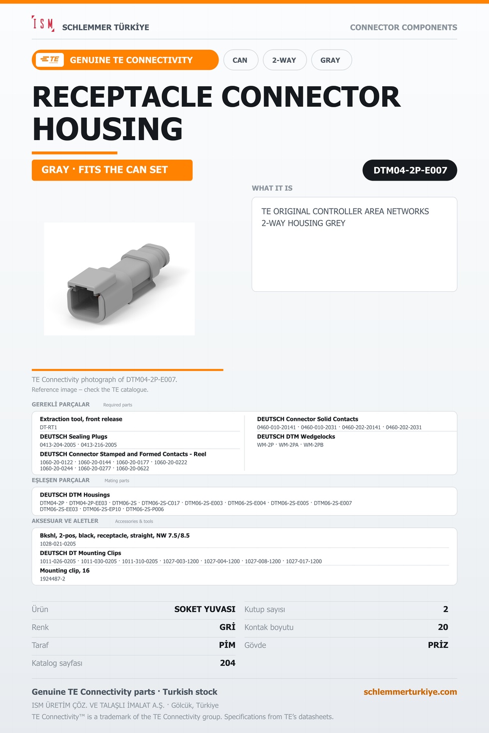 TE ORİJİNAL CONTROLLER AREA NETWORKS 2 KUTUP SOKET YUVASI GRİ