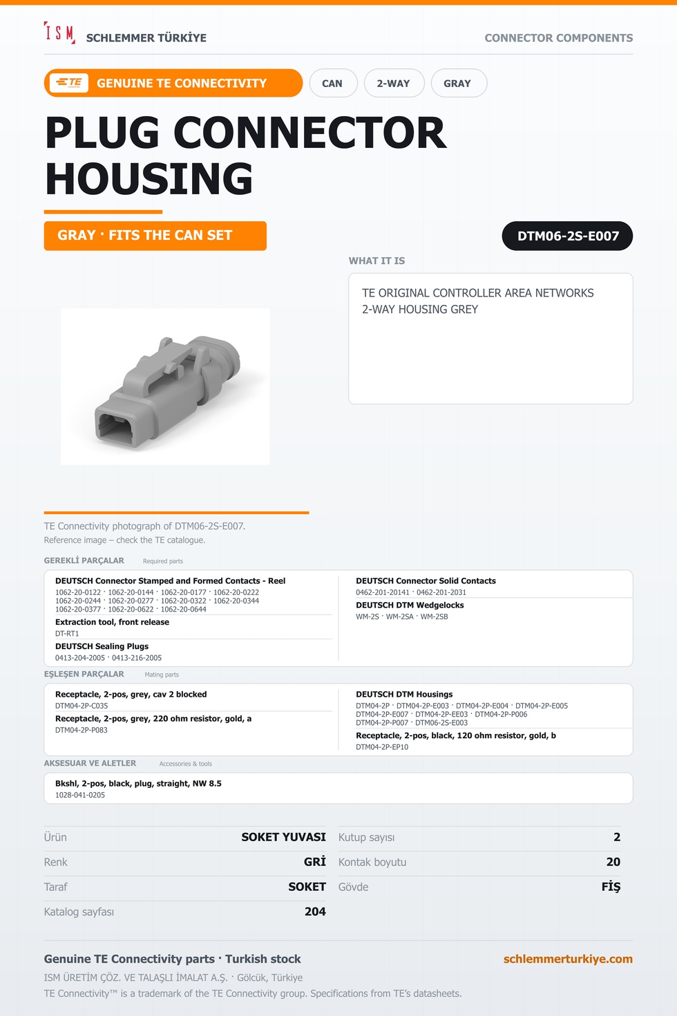 TE ORİJİNAL CONTROLLER AREA NETWORKS 2 KUTUP SOKET YUVASI GRİ