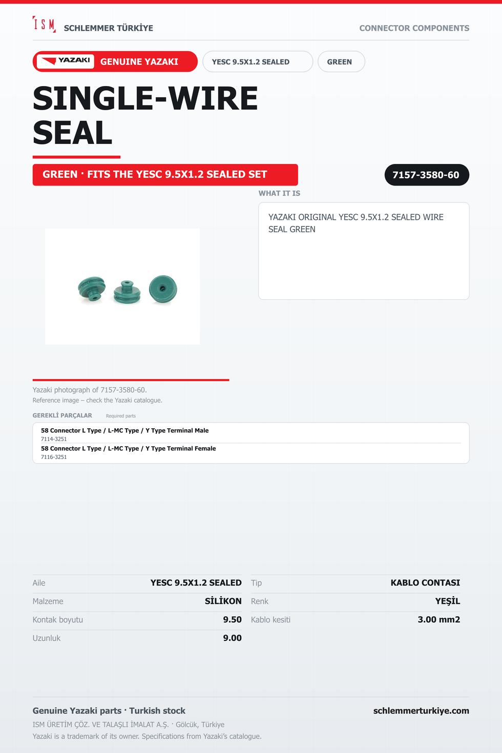 ORİJİNAL YESC 9.5X1.2 SEALED KABLO CONTASI YEŞİL