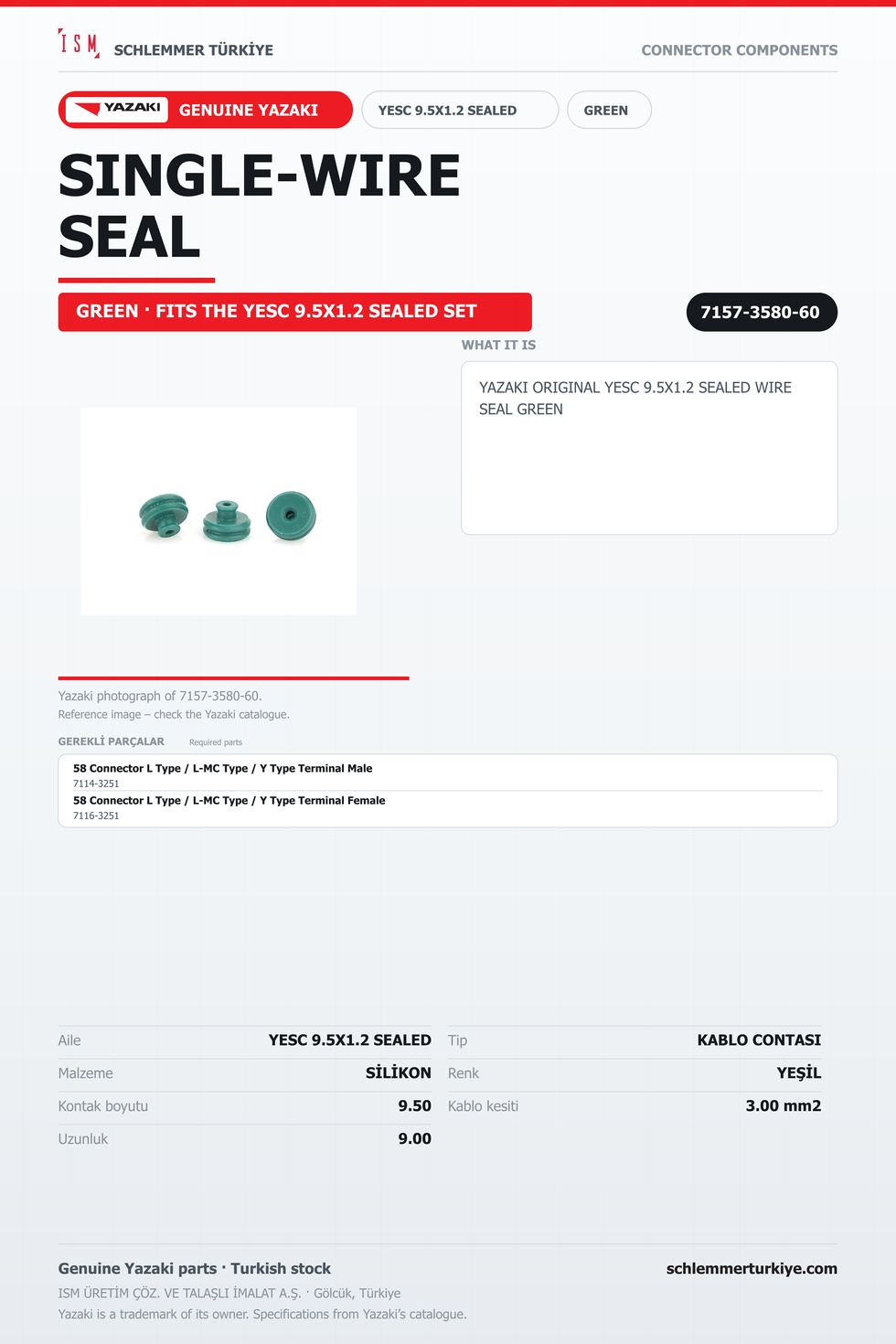 ORİJİNAL YESC 9.5X1.2 SEALED KABLO CONTASI YEŞİL