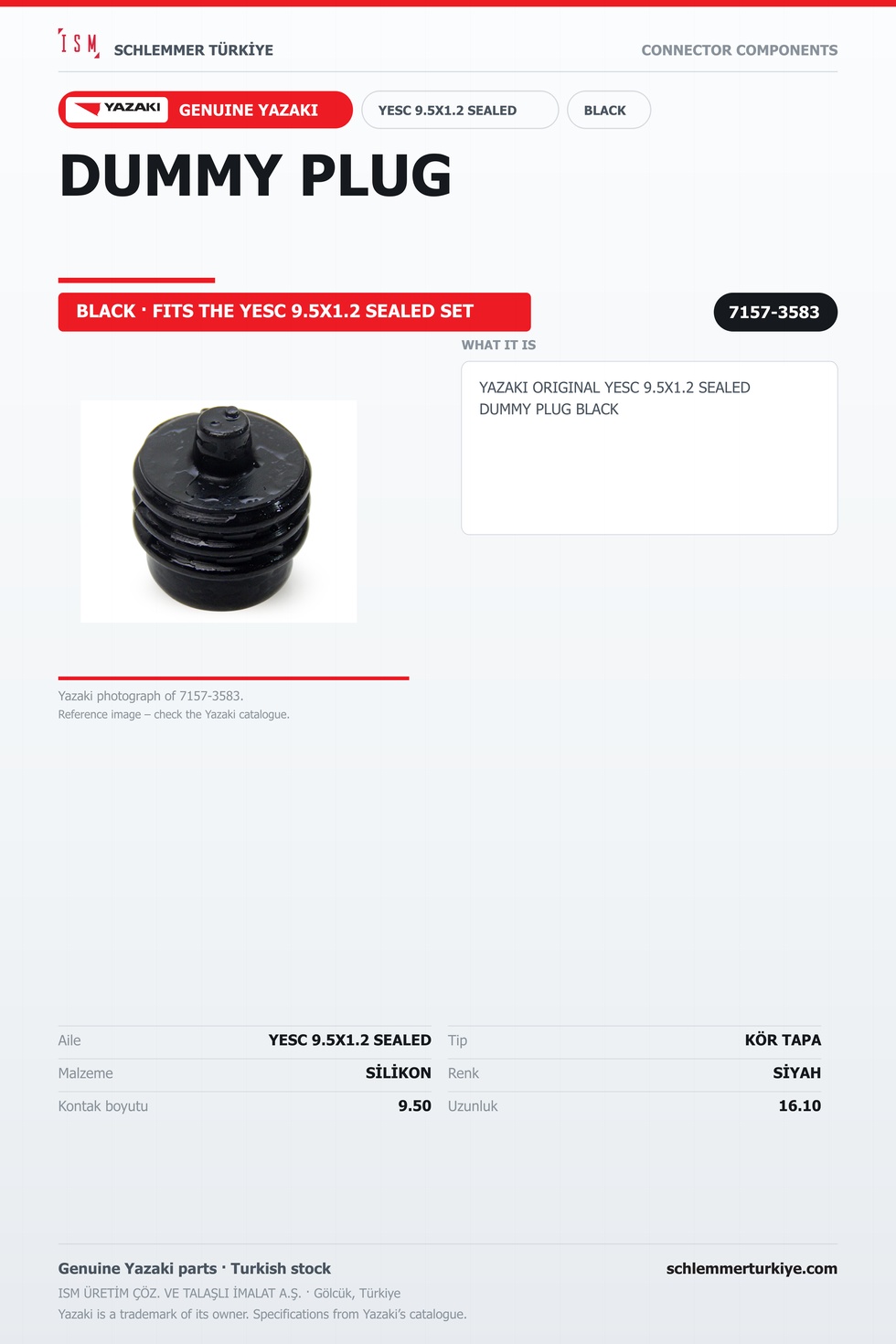 ORİJİNAL YESC 9.5X1.2 SEALED KÖR TAPA SİYAH