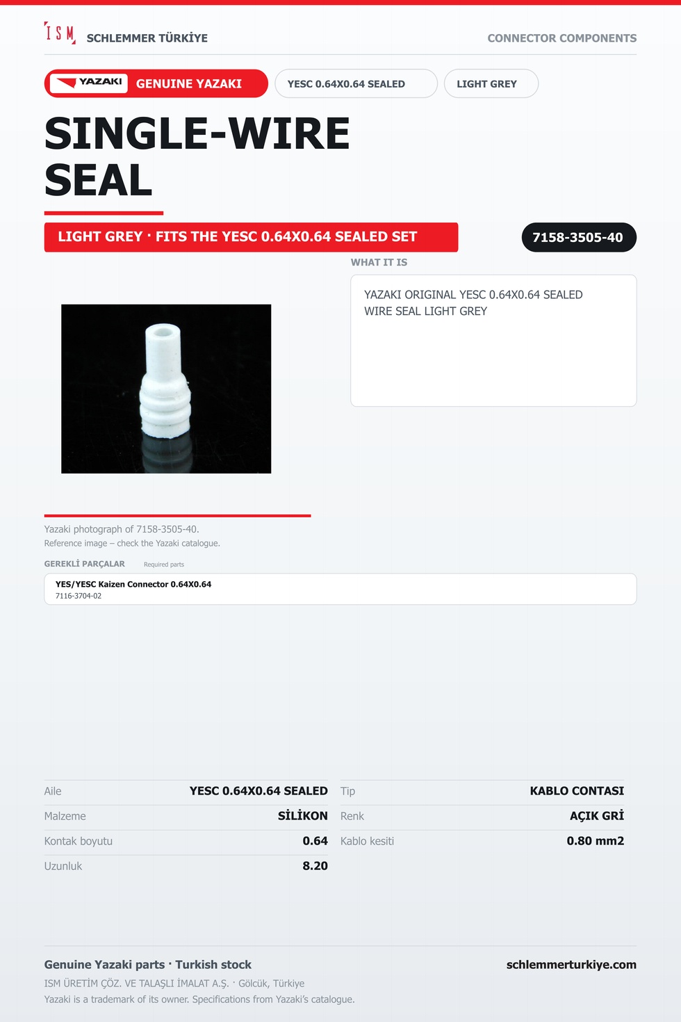 ORİJİNAL YESC 0.64X0.64 SEALED KABLO CONTASI AÇIK GRİ