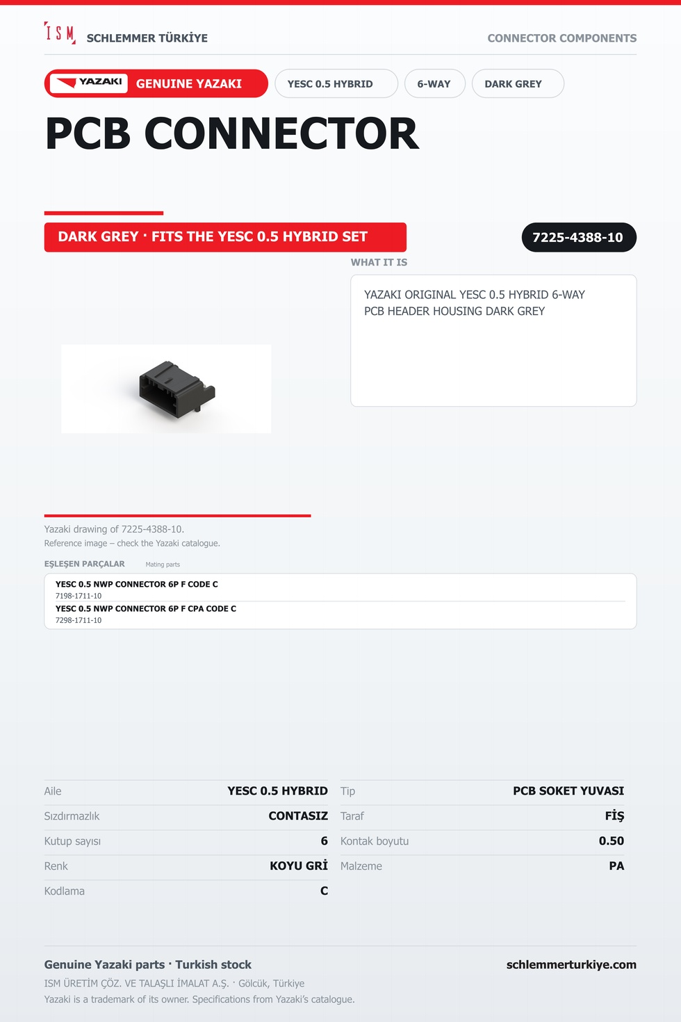 ORİJİNAL YESC 0.5 HYBRID 6 KUTUP PCB SOKET YUVASI KOYU GRİ