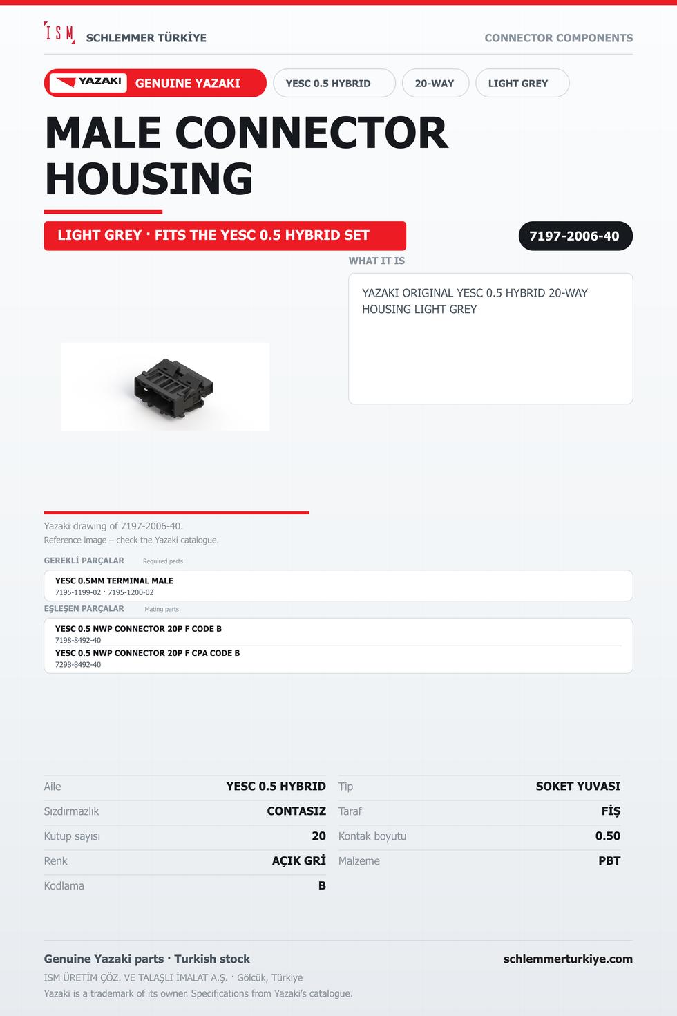 ORİJİNAL YESC 0.5 HYBRID 20 KUTUP SOKET YUVASI AÇIK GRİ