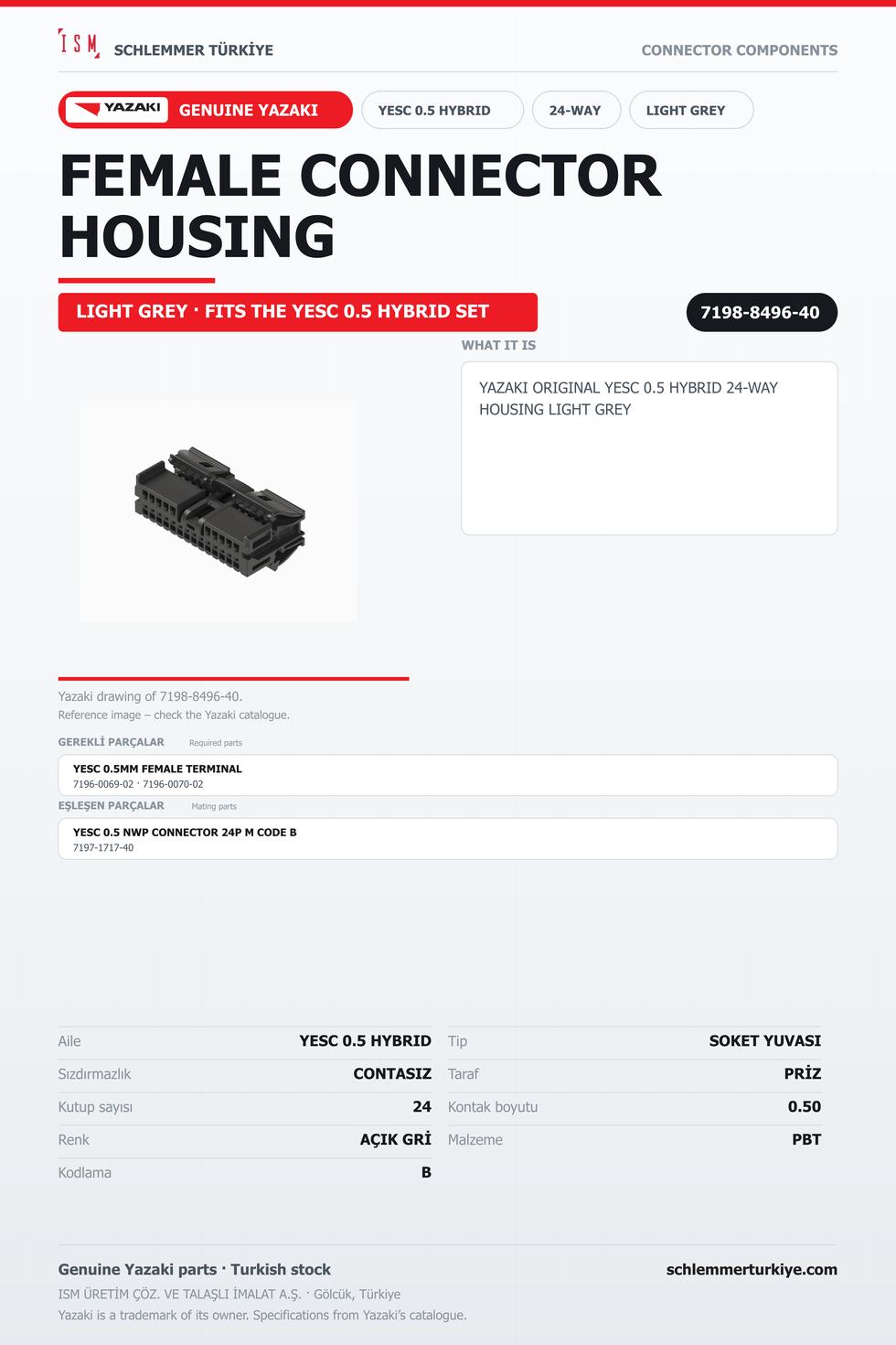 ORİJİNAL YESC 0.5 HYBRID 24 KUTUP SOKET YUVASI AÇIK GRİ