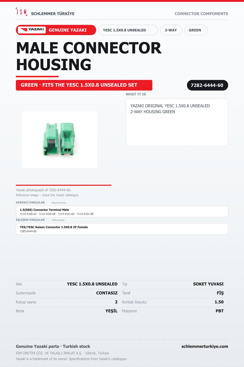 ORİJİNAL YESC 1.5X0.8 UNSEALED 2 KUTUP SOKET YUVASI YEŞİL