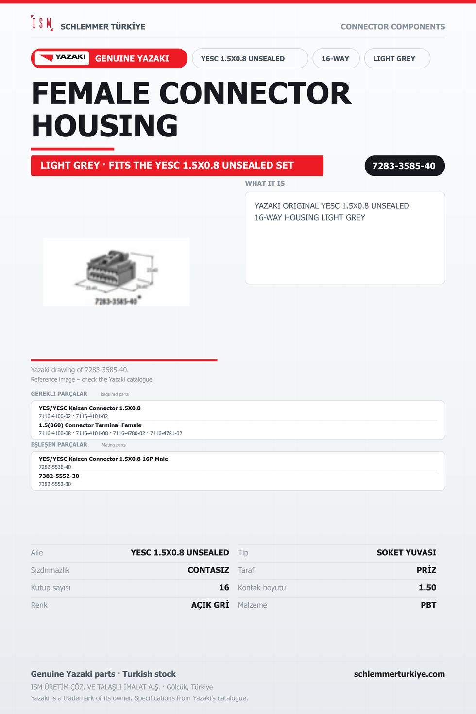 ORİJİNAL YESC 1.5X0.8 UNSEALED 16 KUTUP SOKET YUVASI AÇIK GRİ