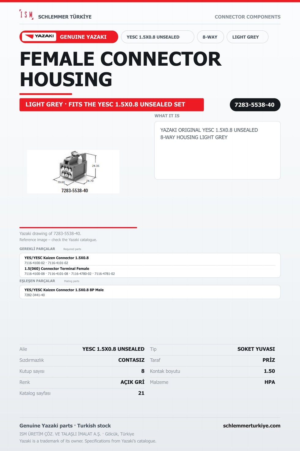 ORİJİNAL YESC 1.5X0.8 UNSEALED 8 KUTUP SOKET YUVASI AÇIK GRİ