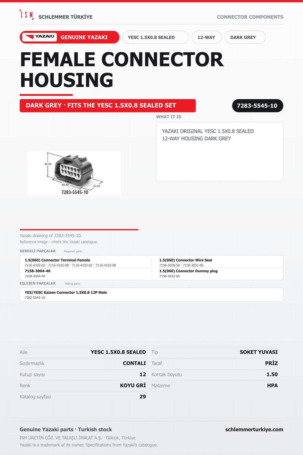 ORİJİNAL YESC 1.5X0.8 SEALED 12 KUTUP SOKET YUVASI KOYU GRİ