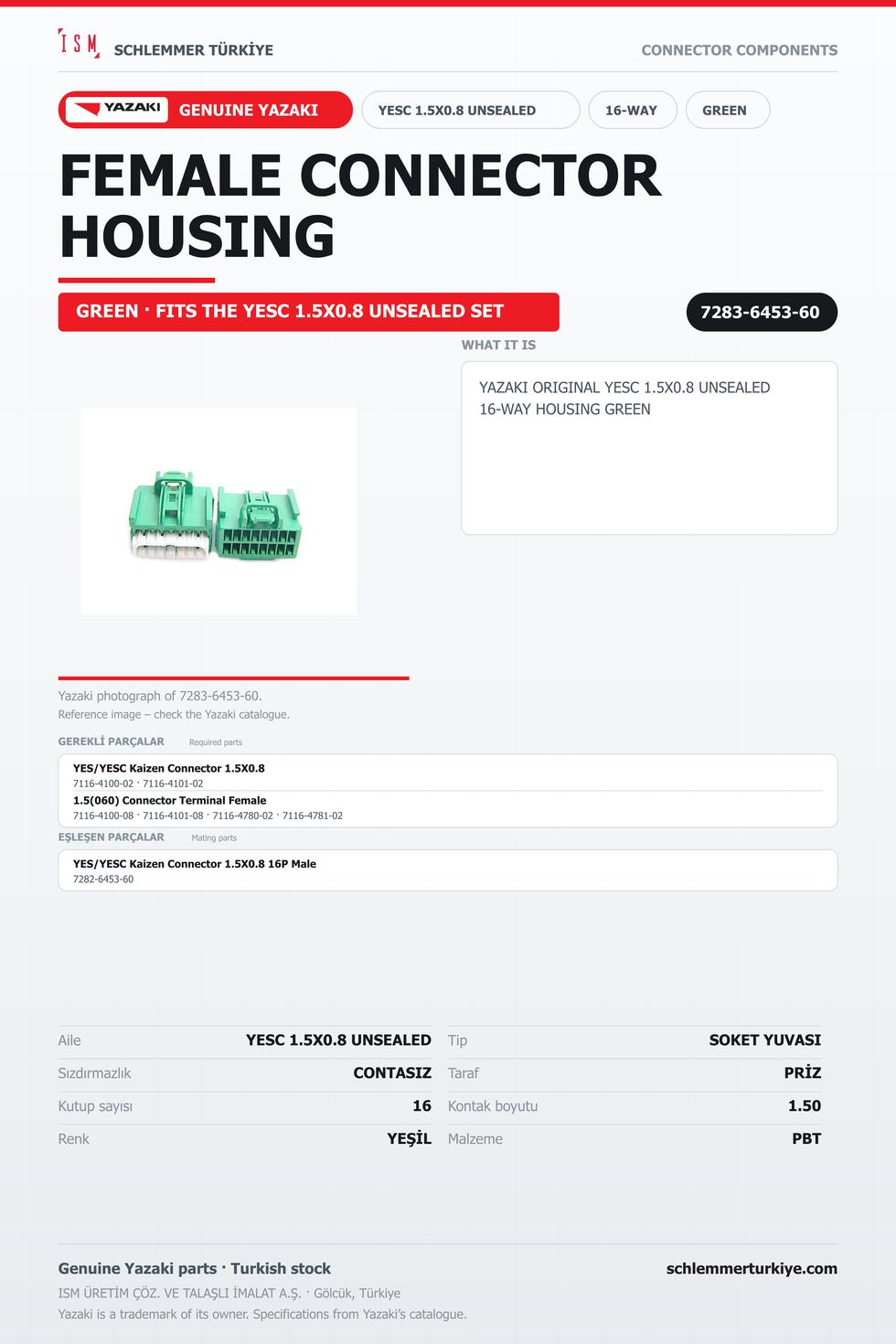 ORİJİNAL YESC 1.5X0.8 UNSEALED 16 KUTUP SOKET YUVASI YEŞİL